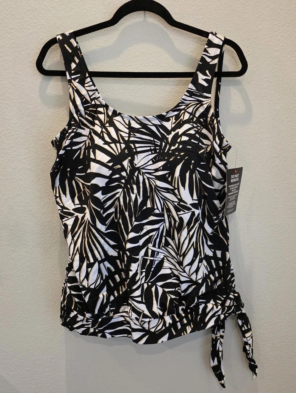 Swimsuits For All Women's Side Tie Blouson Tankini Top Black White Palm 16 NWT